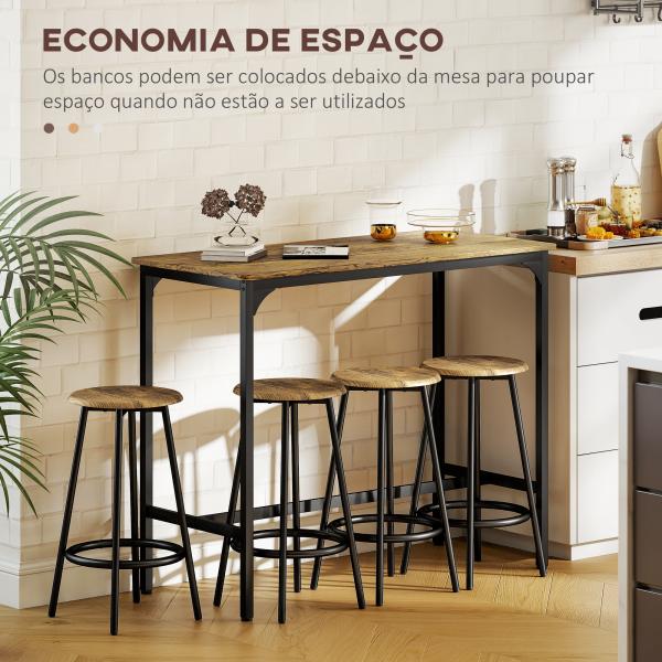 Conjunto de Móveis Altos de Bar com 5 Peças Mesa de Refeição Industrial e 4 Bancos Redondos Marrom Rústico e Preto