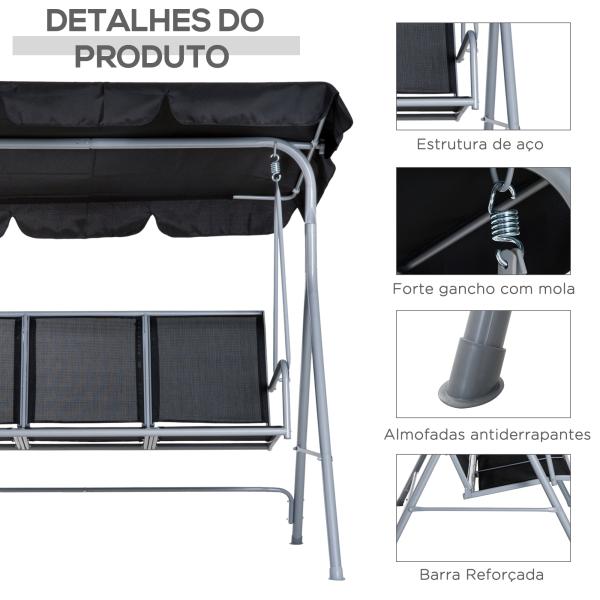 Baloiço de Jardim Exterior de 3 Lugares com Toldo Ajustável, Encosto Respirável e Estrutura Metálica para Terraço e Varanda, Suporta até 240 kg, 171x108x150 cm, Preto