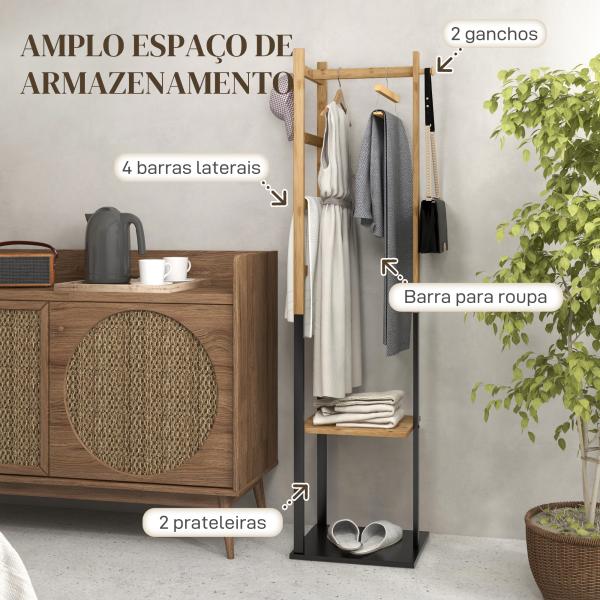 Cabide de Pé de Bambu com 2 Prateleiras 2 Ganchos 5 Barras e Estrutura de Aço 46x28,5x153,5 cm Madeira e Preto