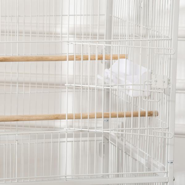 Gaiola para Pássaros com Rodas Bandeja Amovível 4 Portas Comedouros e Prateleira de Armazenamento 78x52x132cm Branco