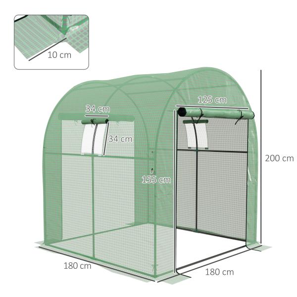 Estufa de Exterior com 2 Portas Enroláveis 2 Janelas em Rede Cobertura PE 135g/m² Anti - UV Cultivo e Plantas 180x180x200 cm Verde