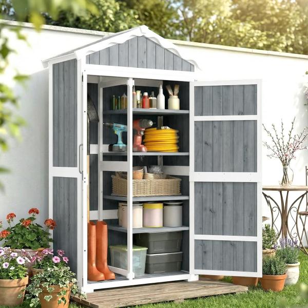 Armário de Jardim de Madeira 105x55x179 cm Abrigo de Exterior com Portas 4 Prateleiras Extraíveis Teto Metal Galvanizado Cinza