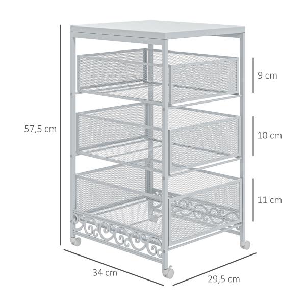 Carrinho Auxiliar com Rodas Carrinho de Armazenamento com 3 Gavetas de Armazenamento 34x29,5x57,5 cm Branco