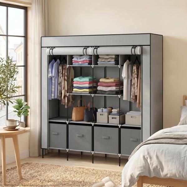 Roupeiro de Tecido com 10 Compartimentos 2 Trilhos Suspensos e 4 Gavetas de Tecido 166x42,5x169,5 cm Cinza Escuro
