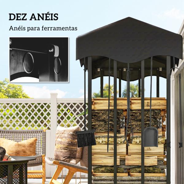 Suporte para Lenha com Cobertura Estante para Lenha de Metal com Estrutura Reforçada e Anéis de Bloqueio 143x70x145 cm Preto