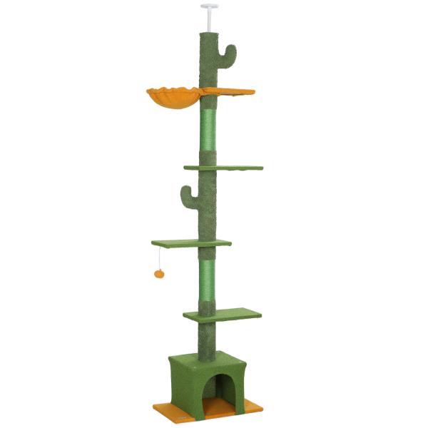 Arranhador para Gatos de Chão a Teto de 230 - 275 cm com Altura Ajustável Postes de Sisal e Bola de Brincar Verde