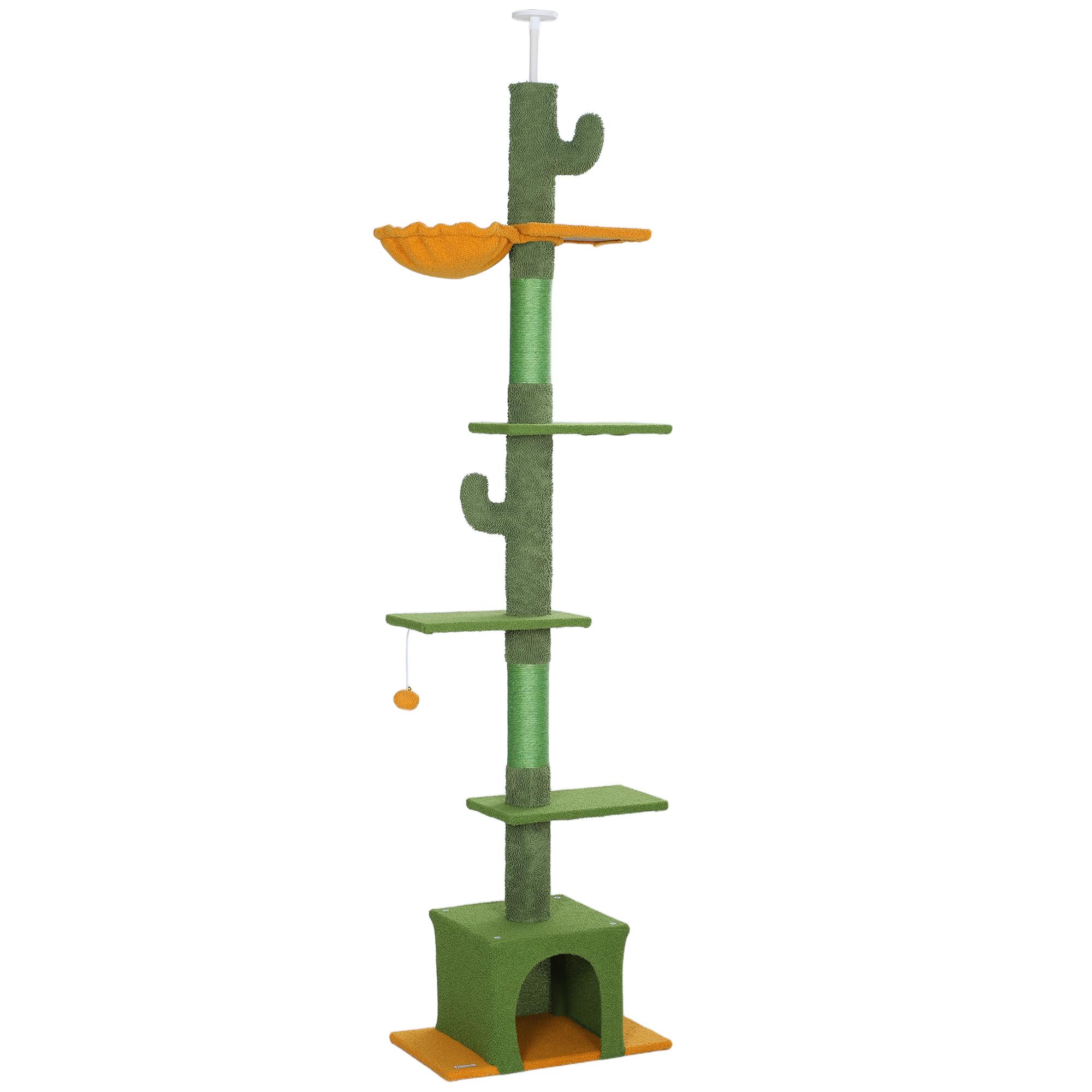 Arranhador para Gatos de Chão a Teto de 230 - 275 cm com Altura Ajustável Postes de Sisal e Bola de Brincar Verde