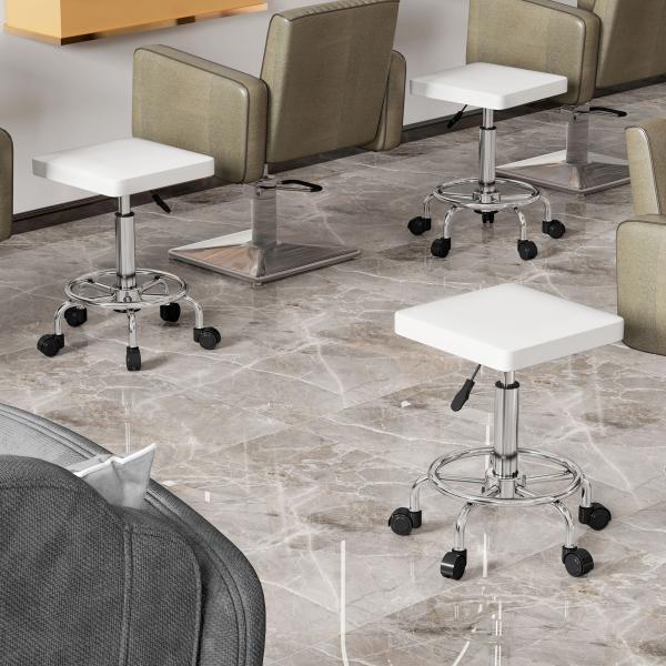 Banco Giratório com Rodas Altura Regulável 50 - 66 cm Assento Estofado em Imitação de Couro 34x34x50 - 66 cm Branco