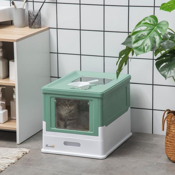 Caixa de Areia para Gatos Dobrável Caixa de Areia para Gatos Fechada com Bandeja Removível e Pá 47,5x35,5x36,7cm Verde