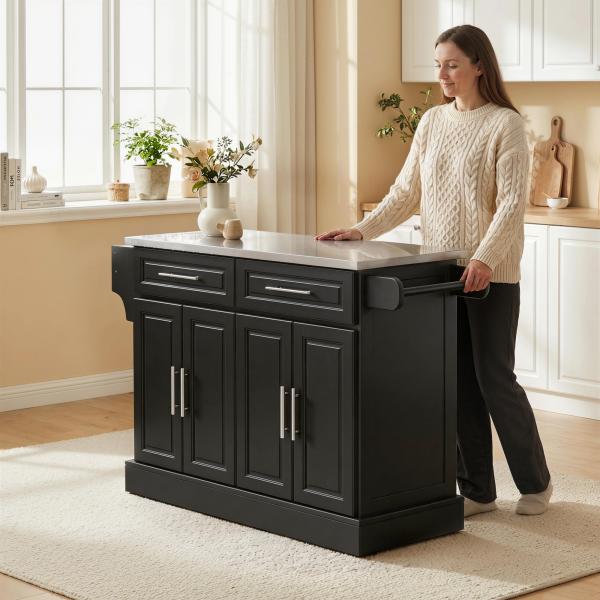 Ilha de Cozinha com Rodas Bancada de Aço Inoxidável 2 Gavetas 4 Portas e 2 Prateleiras Ajustáveis 145x45x93 cm Preto