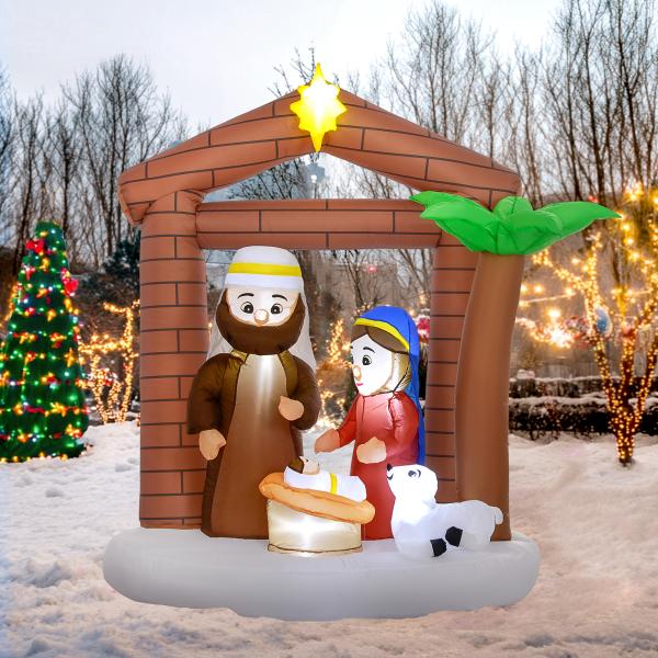 Presépio Insuflável de Natal Decoração Insuflável Natalícia com Luzes LED e Insuflador para Exterior 150x90x185 cm Multicor