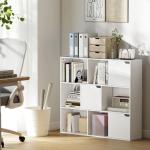Estante para Livros de 3 Níveis com 9 Cubos, 3 Portas e 6 Compartimentos Abertos, 106x24x95 cm, Branco