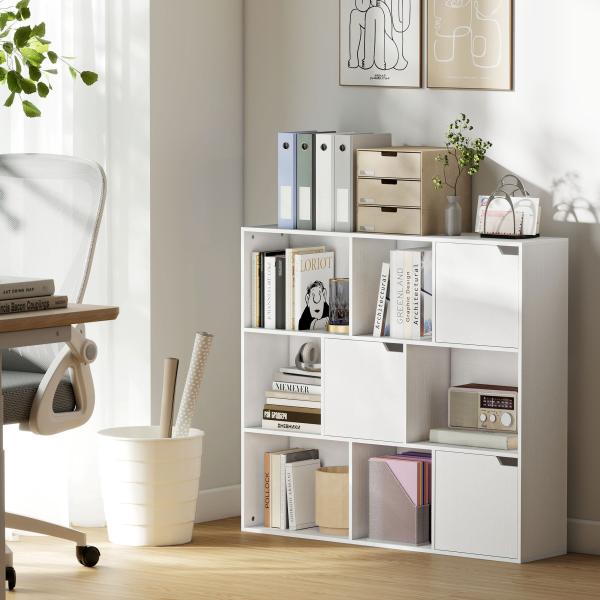 Estante para Livros de 3 Níveis com 9 Cubos, 3 Portas e 6 Compartimentos Abertos, 106x24x95 cm, Branco