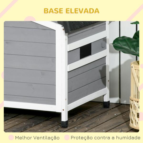 Casa para Cães de Madeira Casa para Animais de Estimação com Teto Asfáltico 2 Janelas Porta com Cortina 97x72x65 cm Cinza