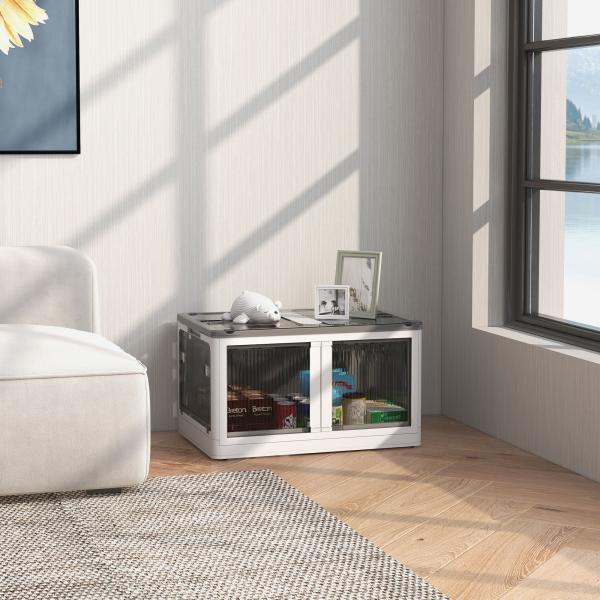 Caixa de Armazenamento Empilhável com Tampa 69L Caixa Organizadora Dobrável com Rodas 60x42x34 cm Branco