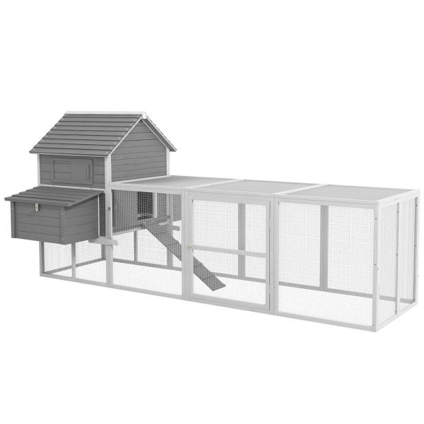 Galinheiro Grande de Madeira para 4 - 6 galinhas com Casa Principal Ninhos Área Aberta de 2,25 ㎡ 310,5x149,5x149 cm Cinza