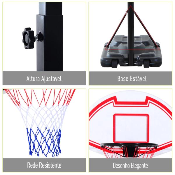 Tabela de basquetebol dobrável e ajustável em altura 150 - 210 cm branco preto e vermelho