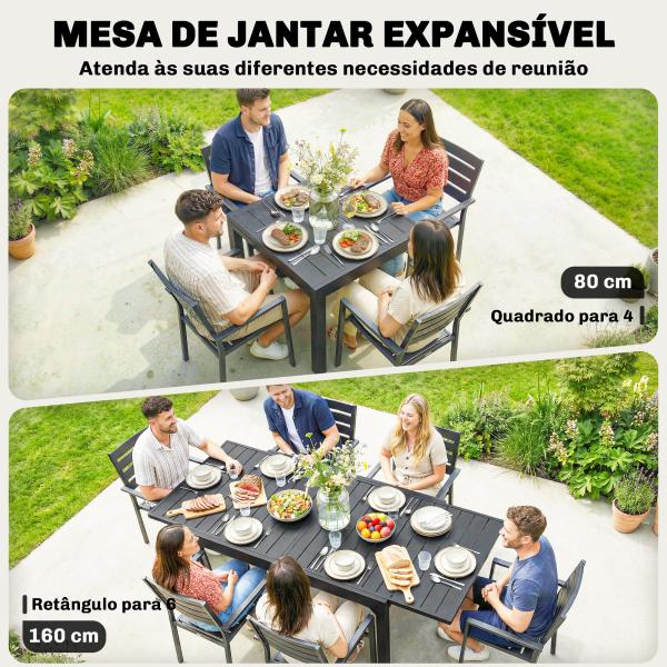 Mesa de Jantar Exterior Extensível 80 - 160 cm - Mesa de Jardim Retangular para 4 - 6 Pessoas, Terraço, Preto