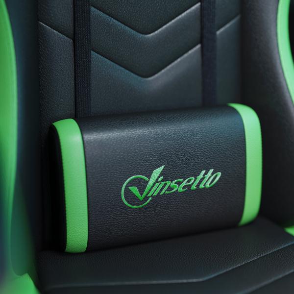 Cadeira Gaming Reclinável até 135° com Suporte Lombar Altura Ajustável Almofada de Cabeça e Apoio para os Pés Retrátil 65x65x121 - 129 cm Preto e Verde