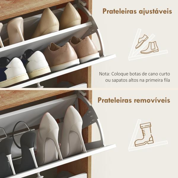 Sapateira Estreita com 2 Portas Prateleiras Ajustáveis para 12 Pares de Sapatos 60x24,5x75,5 cm Mdeira e Branco