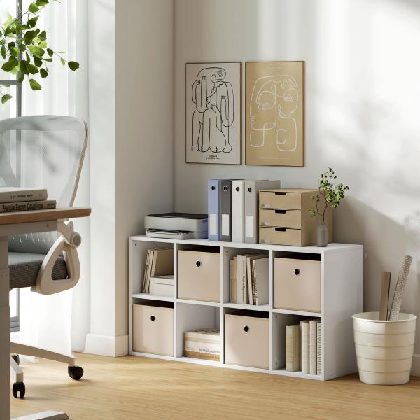 Estante Cubo Estante de Armazenamento Horizontal ou Vertical com 8 Compartimentos e 4 Gavetas de Tecido 53,7x30x79,8 cm Branco e Bege