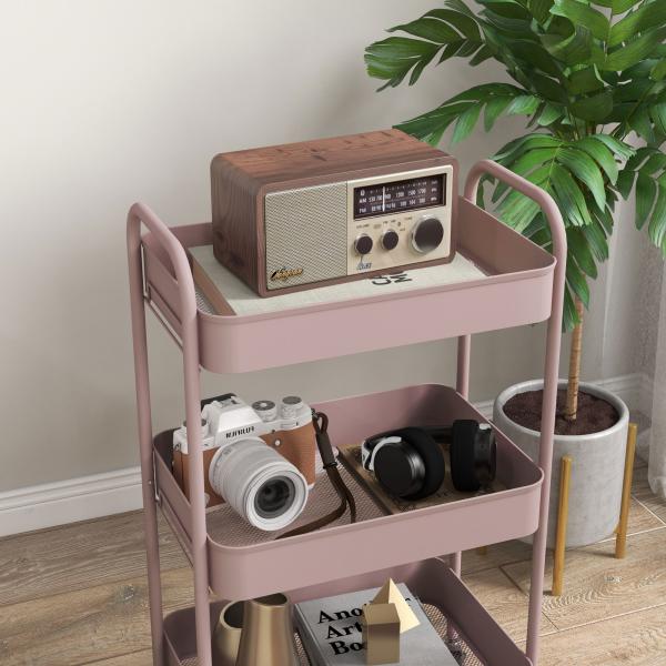 Carrinho Auxiliar de 3 Níveis com Rodas Carrinho de Armazenamento Deslizante para Cozinha Sala 45x30.6x79 cm Rosa