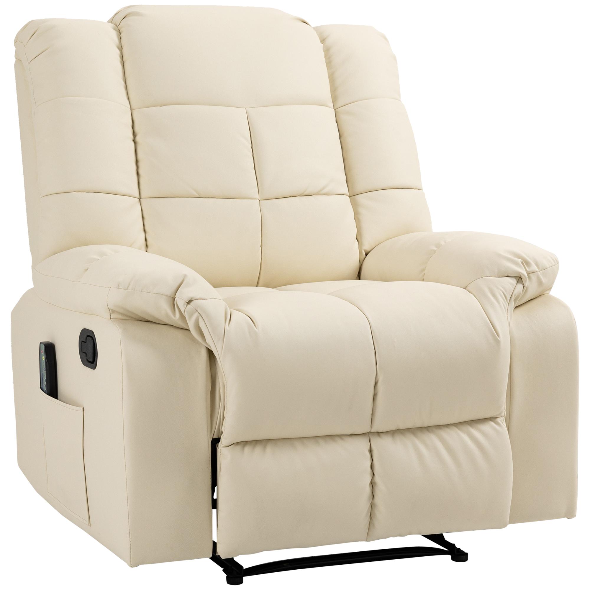 Poltrona de Massagem Poltrona Relax Reclinável com 8 Pontos de Massagem Controlo Remoto Estofada em PU 94x99x99 cm Creme