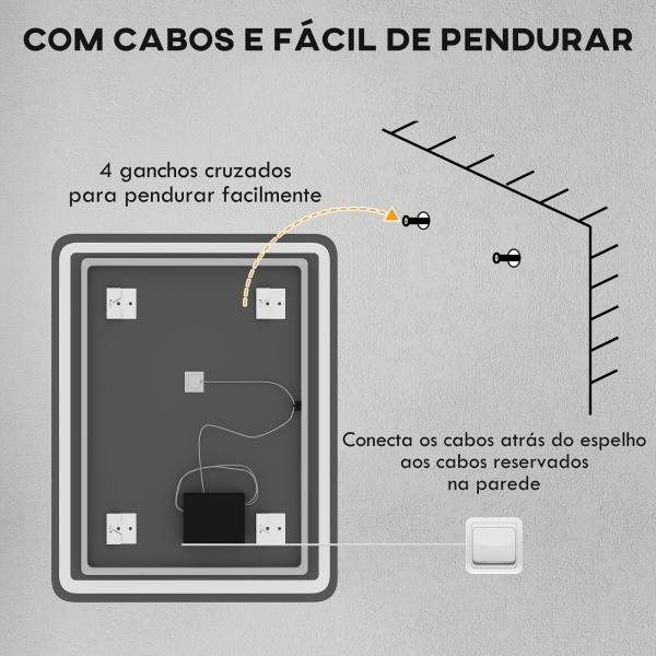 Espelho Casa de Banho com Luzes LED 70x90 cm Função Antiembaciamento 3 Temperaturas de Cor Ajustável e Função de Memória Prata