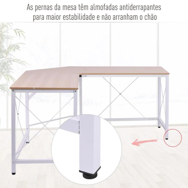 Secretária em Forma de L Secretária para Escritório com Estrutura de Metal Secretária de Canto 150x150x76 cm Branco e Madeira