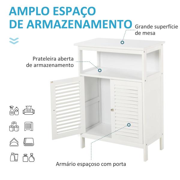 Armário Casa de Banho com 2 Portas Persianas e Compartimento Aberto Desenho Moderno 60x30x81,6 cm Branco
