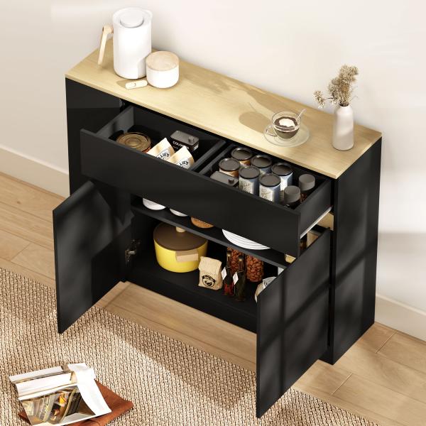 Aparador de Cozinha com Armário 2 Gavetas 3 Prateleiras Abertas 2 Portas e Prateleira Ajustável 110x29,5x82 cm Preto