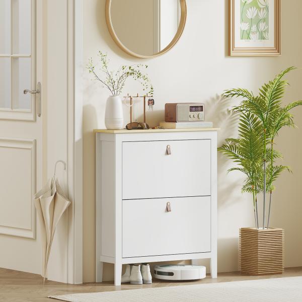Sapateira Estreita com 2 Gavetas Prateleiras Ajustáveis e Puxadores em PU para 14 Pares de Sapatos 80x24x95,5 cm Branco