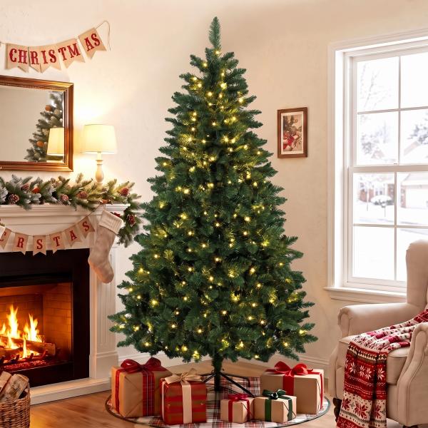 Árvore de Natal 180 cm com 250 Luzes LED, 11 Modos, Comando à Distância, 800 Pontas e Base Dobrável em Aço, Verde