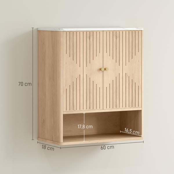 Armário de Parede para Casa de Banho com Portas em Ampulheta, Prateleira Ajustável e Aberta, 60x18x70 cm, Carvalho