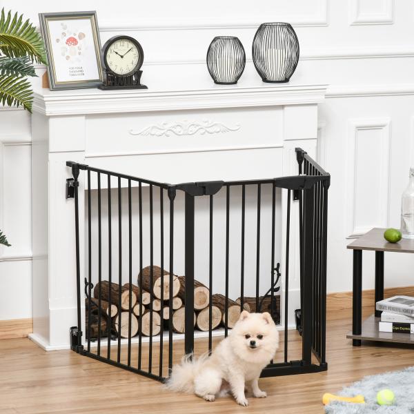 Barreira de Segurança para Animais de Estimação Barreira Dobrável de 3 Painéis com Fechadura Inteligente para Corredor Escada 180x74,5cm Preto