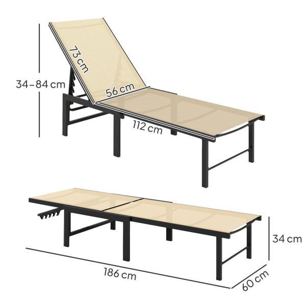 Espreguiçadeira Reclinável de Jardim Exterior com Encosto Ajustável em 4 Posições e Estrutura de Aço, 166x60x84 cm, Caqui