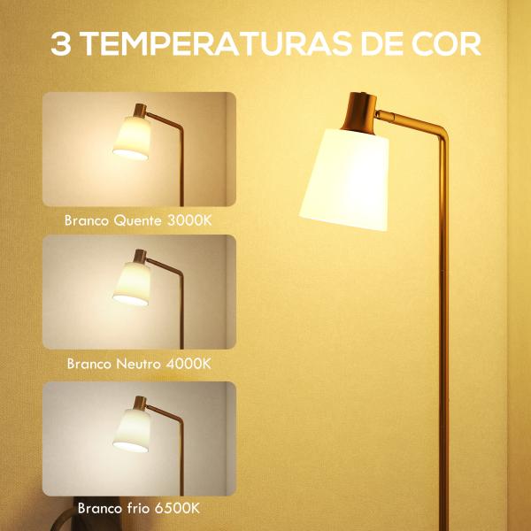 Candeeiro de Pé LED Regulável com Ecrã Giratório 350° 3 Temperaturas de Cor 3000K/4000K/6500K 45x21x148 cm Branco e Dourado