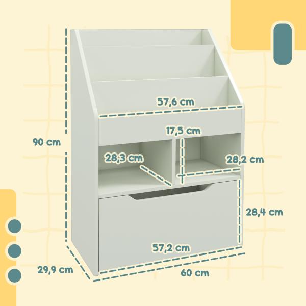 Estante de Madeira para Brinquedos com 3 Compartimentos 2 Prateleiras e Gaveta Móvel com 4 Rodas 60x29,9x90 cm Verde