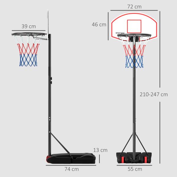 Tabela de Basquetebol para Exterior com Alvo de Dardos com Ajustável 210 - 247 cm Rodas Base Rellenável Preto