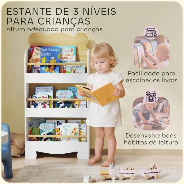 Estante Infantil de 3 Níveis Estante para Livros Infantil Desenho de Ursinho 55x15x110 cm Branco e Madeira