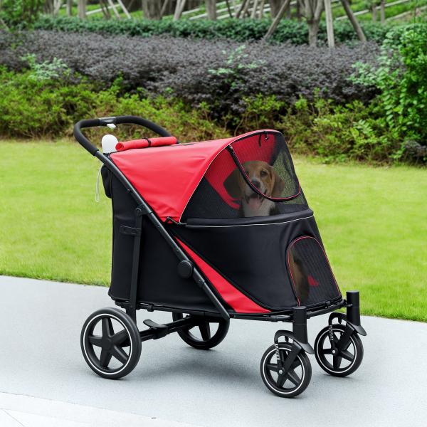 Carrinho para Cães Dobrável com Janelas de Malha Cinto de Segurança e Bolsos de Armazenamento 112x65x100 cm Vermelho
