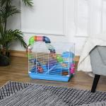 Gaiola para Hamster, Casa para Hamster com Túnel, Comedouro, Bebedouro, Casinha, Rampa, Roda de Exercício, Plataforma e Alça, Bandeja Removível, para Ratos e Gerbos, 46x30x37 cm, Azul
