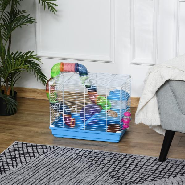 Gaiola para Hamster, Casa para Hamster com Túnel, Comedouro, Bebedouro, Casinha, Rampa, Roda de Exercício, Plataforma e Alça, Bandeja Removível, para Ratos e Gerbos, 46x30x37 cm, Azul