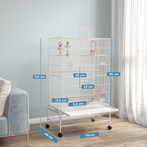 Gaiola para Pássaros com Rodas com 4 Comedouros 3 Poleiros Brinquedos Bandeja Amovível e Prateleira 79x49x133 cm Branco
