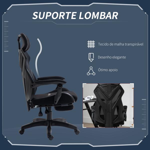Cadeira de Gaming com Apoio para os Pés Retrátil Cadeira de Escritório Reclinável com Apoio para a Cabeça e Altura Ajustável 65x65x119 - 129cm Preto