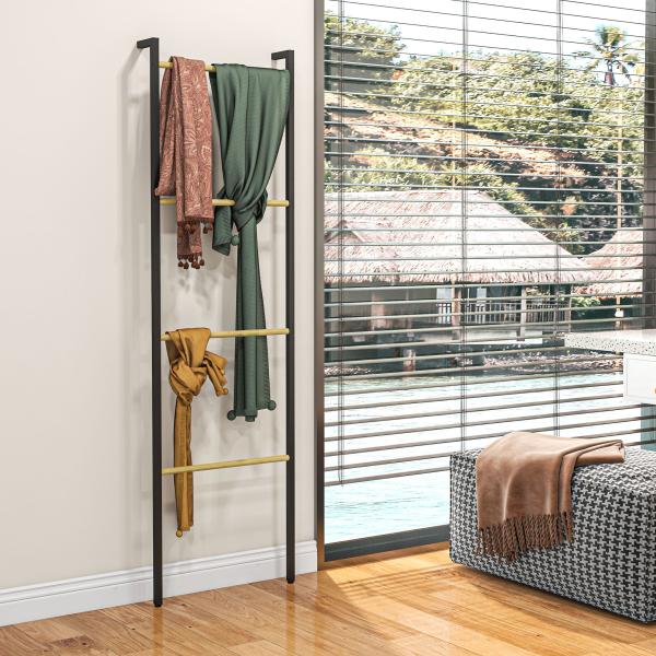 Toalheiro de 4 Níveis Toalheiro Casa de Banho com 4 Barras de Bambu e Estrutura de Aço 49x5,5x167,5 cm Preto e Madeira