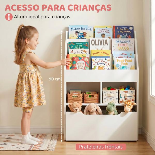 Estante de Madeira para Brinquedos com 3 Compartimentos 2 Cubos e Gaveta Móvel com 4 Rodas Estante para Livros Infantil para Dormitório Infantil Sala de Jogos 60x29,9x90cm Branco