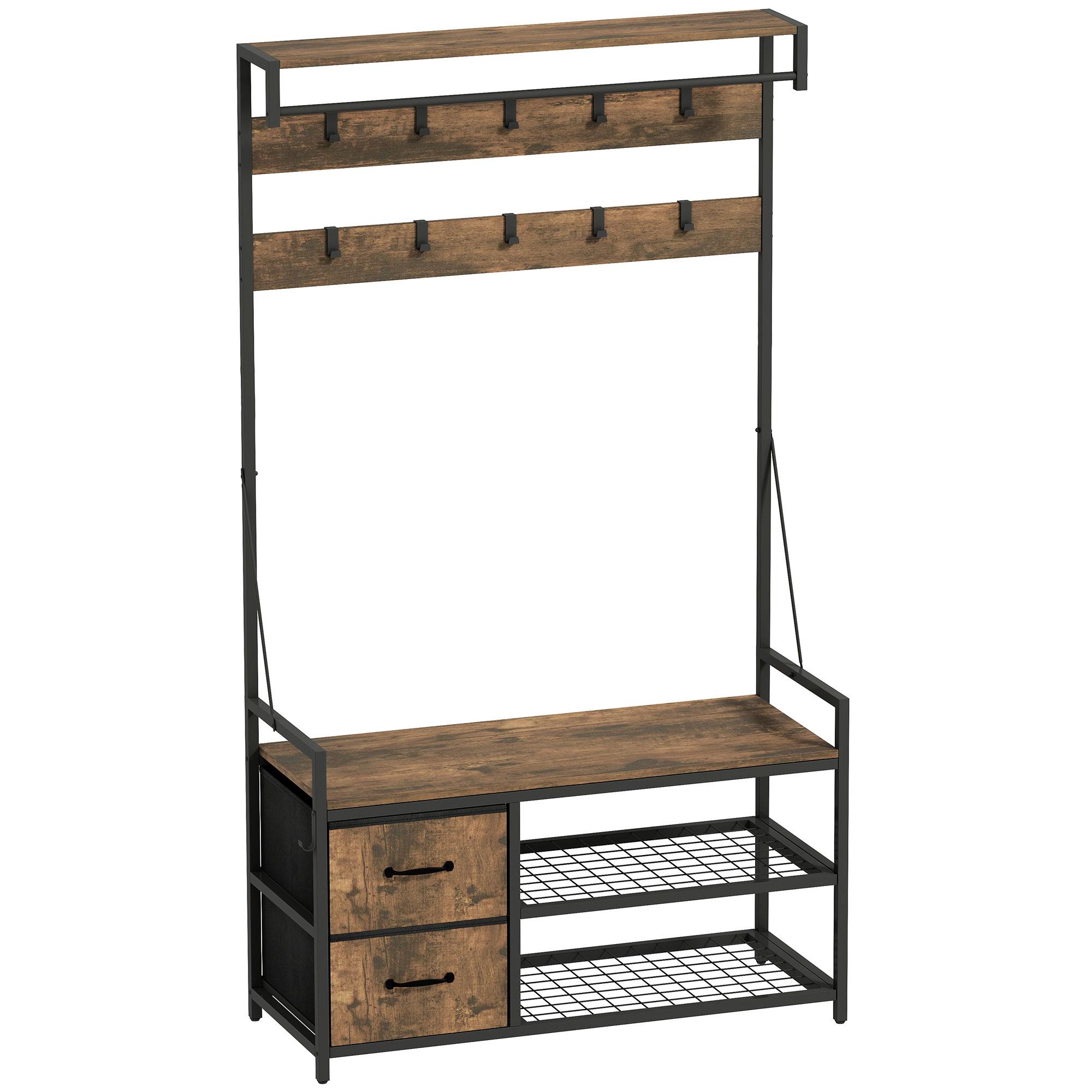 Móvel Cabide de Entrada com Banco 10 Ganchos 2 Gavetas e Barra para Pendurar Estilo Industrial 100x40x180 cm Castanho Rústico