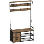Móvel Cabide de Entrada com Banco 10 Ganchos 2 Gavetas e Barra para Pendurar Estilo Industrial 100x40x180 cm Castanho Rústico