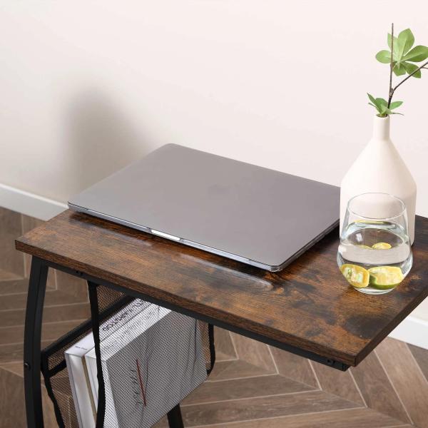 Mesa Auxiliar para Sofá e Cama em Forma de C com Bolso de Armazenamento Mesa Lateral de Estilo Industrial 52x35x64,5cm Marrom Rústico